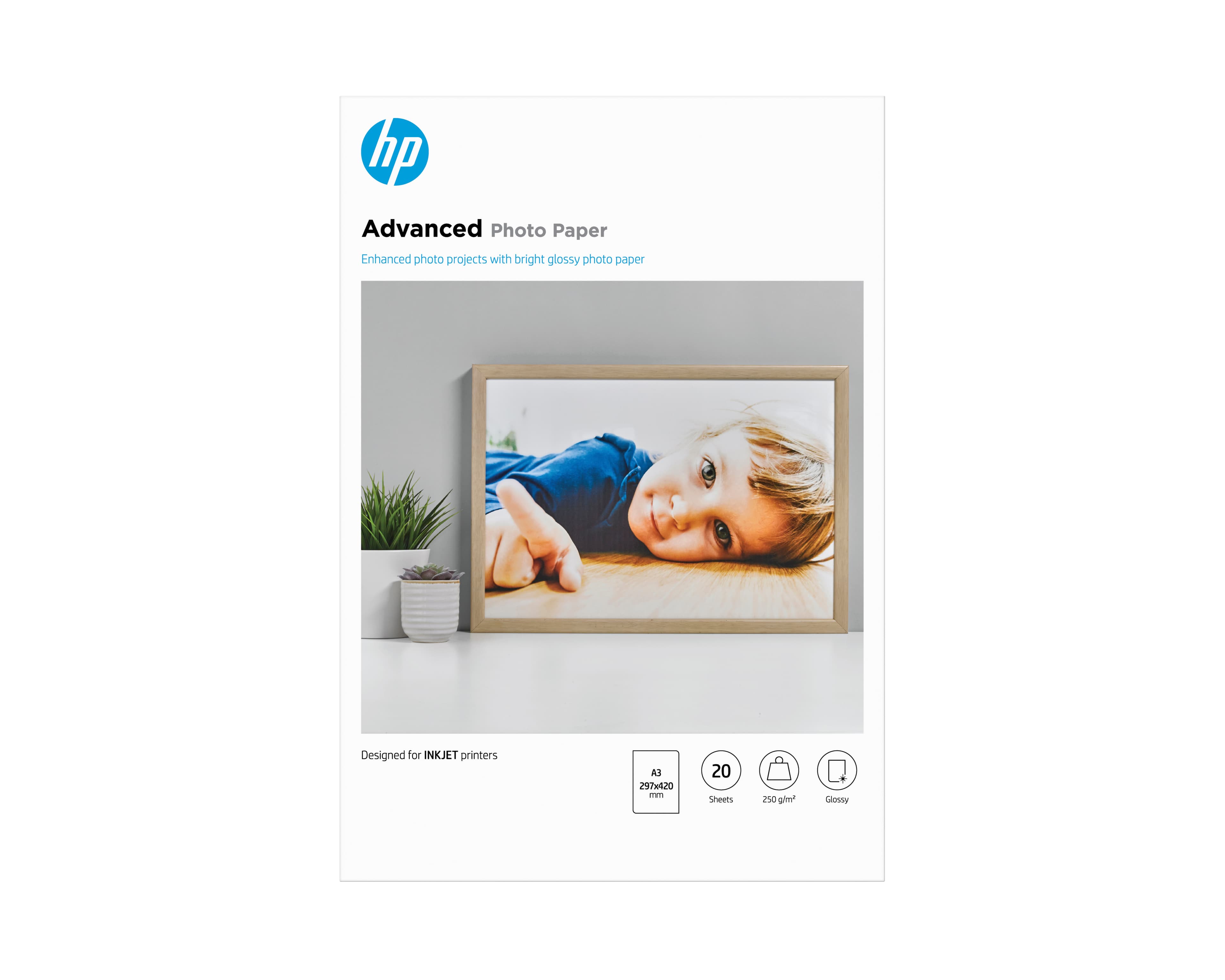 HP ADVANCED PHOTO PAPER - BRILLANT - A3 (297 X 420 MM) - 250 G/M² - 20 FEUILLE(S) PAPIER PHOTO - POUR ENVY INSPIRE 7920, OFFICEJET 7000 E809, 7510, 76XX, OFFICEJET PRO 77XX