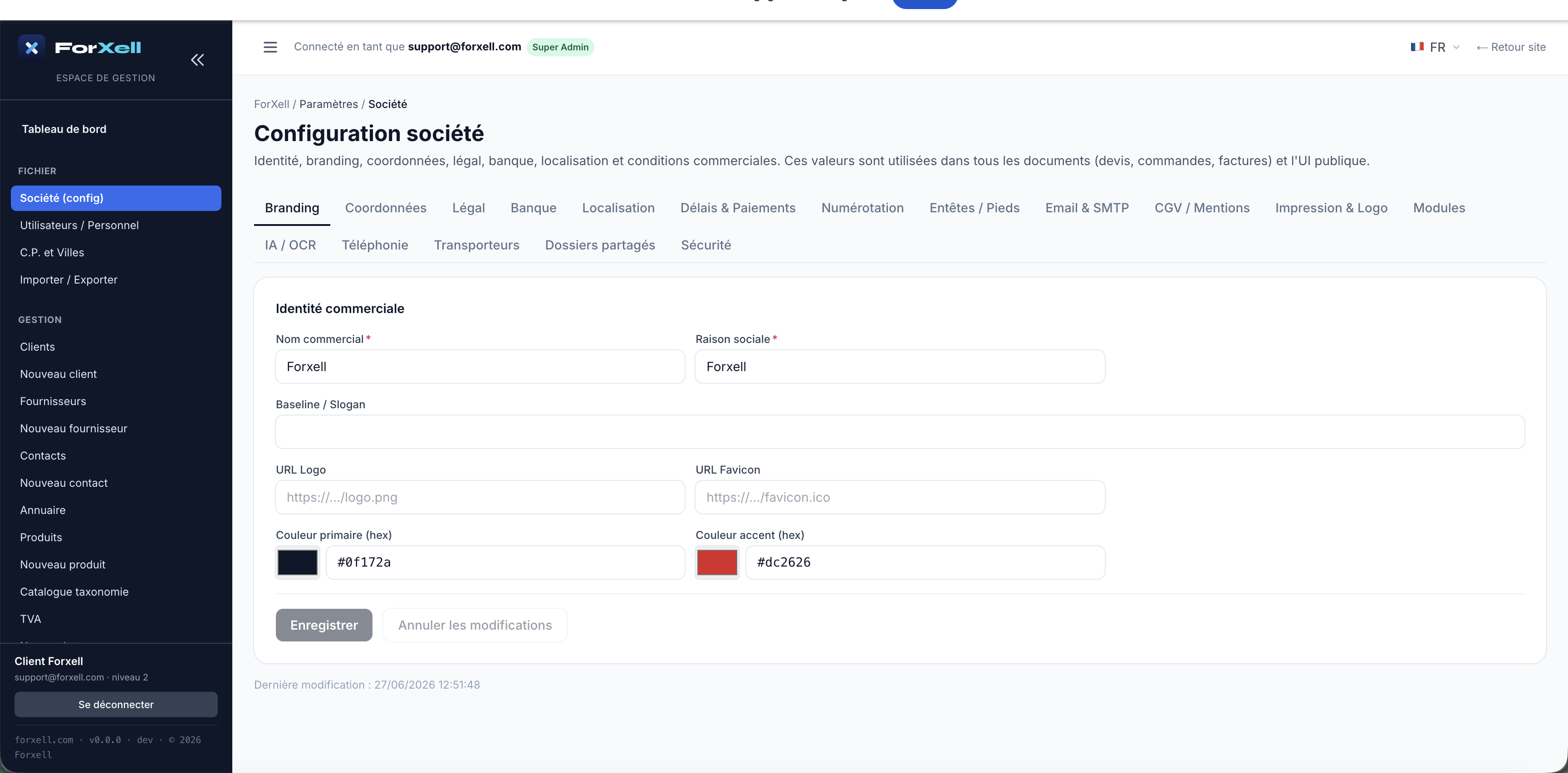 Configuration société — onglets