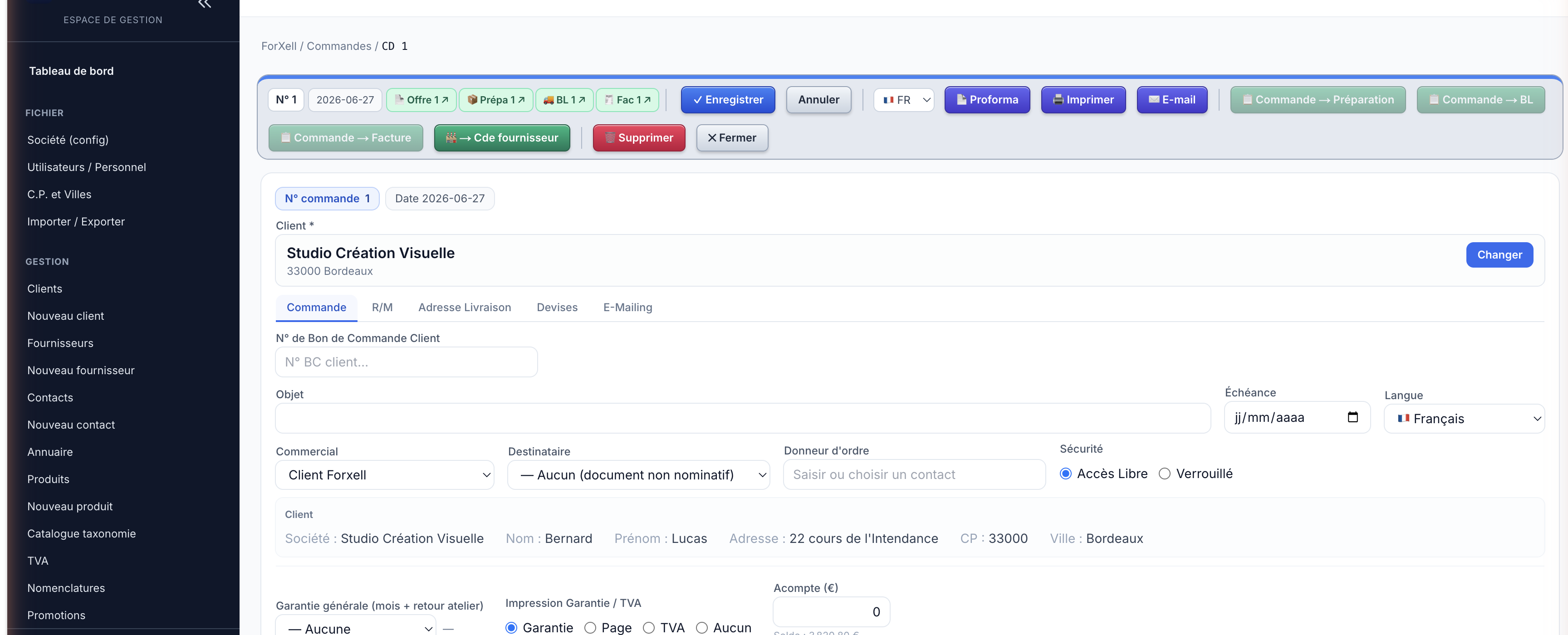 Fiche commande client